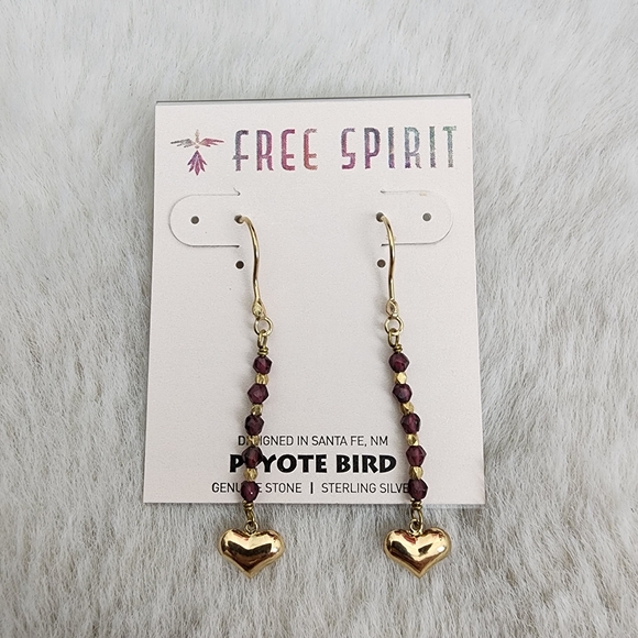 NEW Peyote Bird Free Spirit Gold Purple Beaded Heart Charm Drop Hook Earrings - Picture 1 of 8